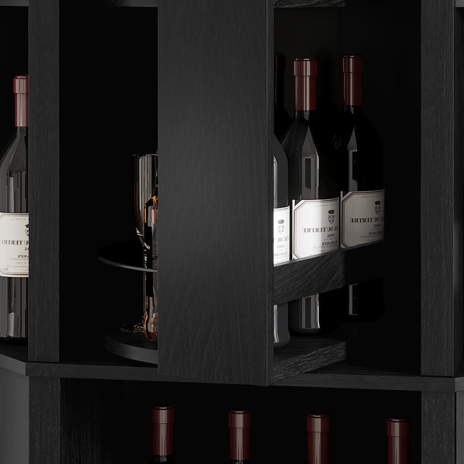 Corner Wine Cabinet with Rotating Glass Wine Rack, Farmhouse Bar Storage Cabinet with Cup Holders, Bar for Dining Room