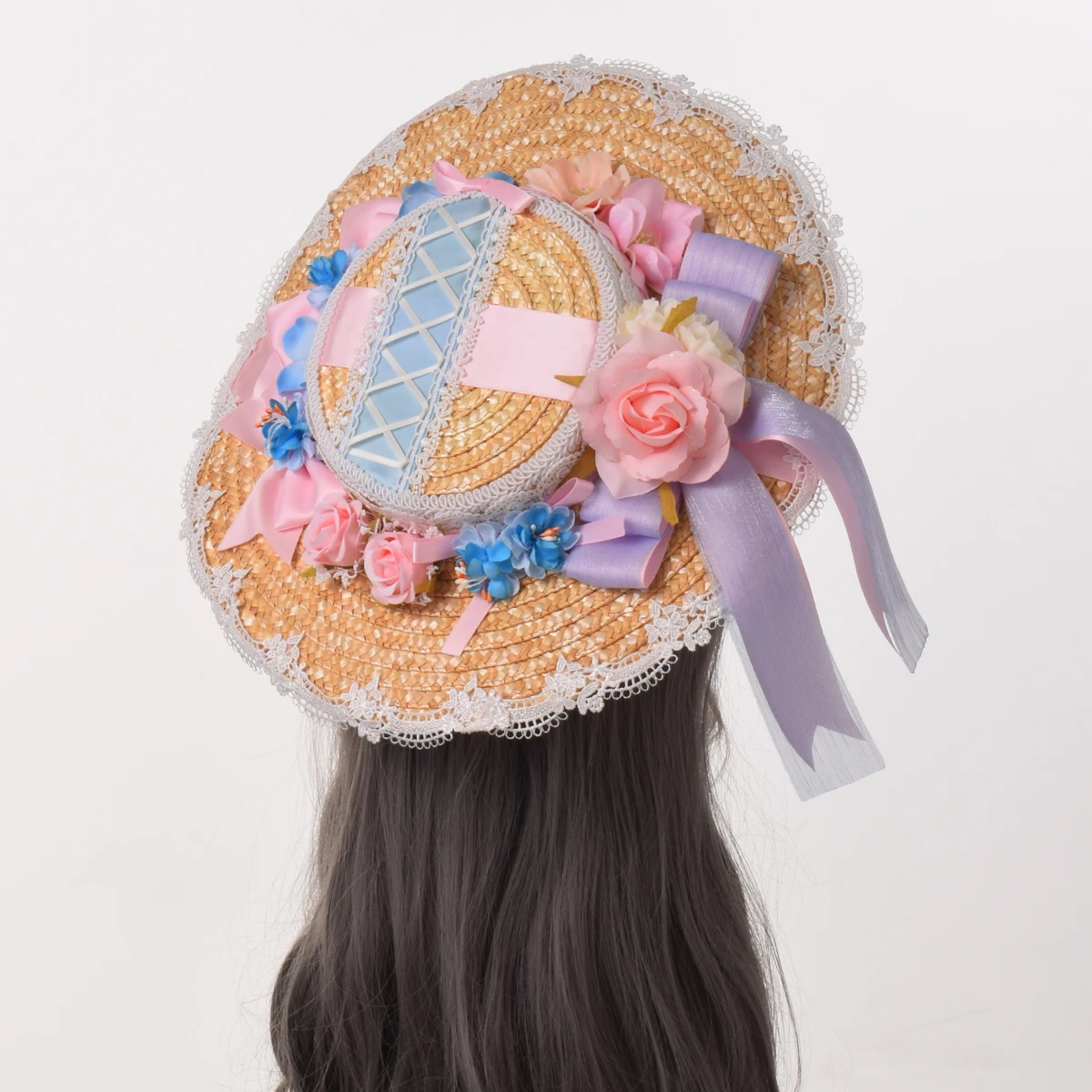 Lolita Straw Hat Women Girl Victorian Pastoral Style Lace Bonnet Hat for Costume Tea Party Flat Cap