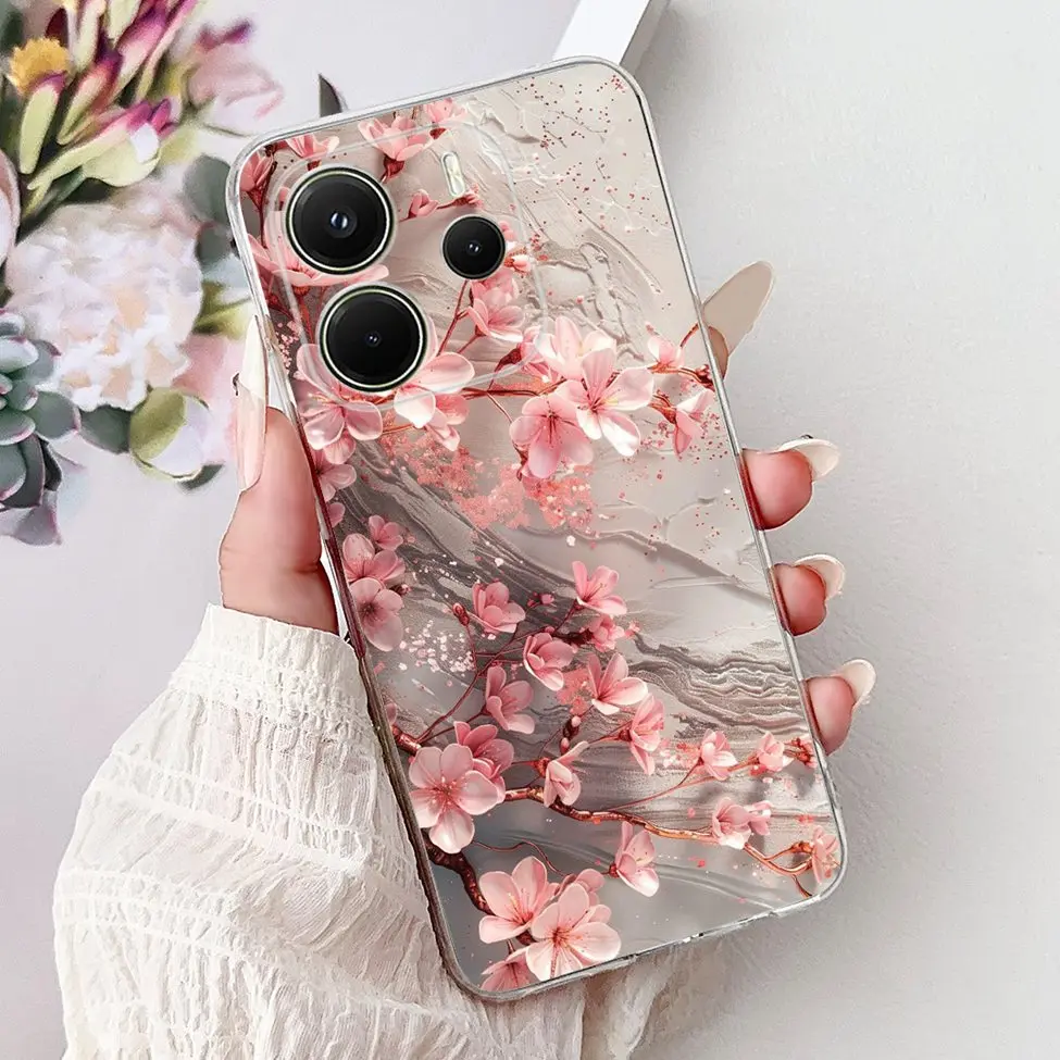 Clear Aesthetic Luxury Cute Cat & Floral Painted Soft Phone Case Cover