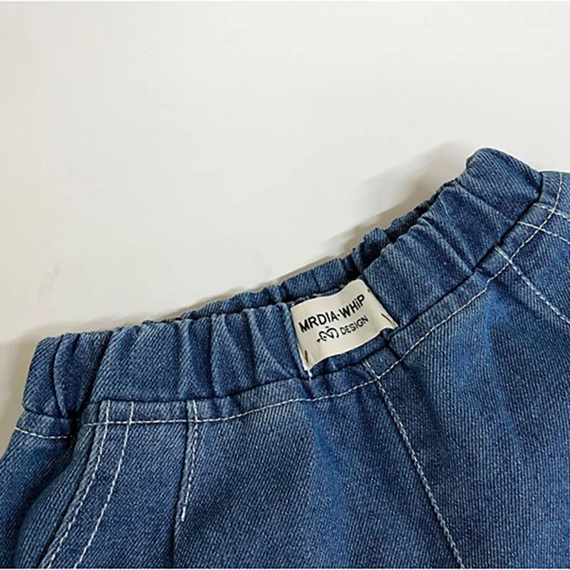 2024 New Denim Blue Versatile Toddler Baby Jeans Solid Trendy Korean Style Spring Children Boys Grils Pants 5