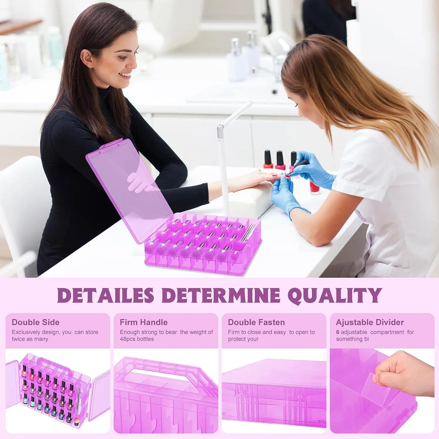 Portable Nail Polish Organizer Clear Double Side Nail Polish Holder Gel Nail Storage for 48 Bottles with 6 Adjustable Dividers
