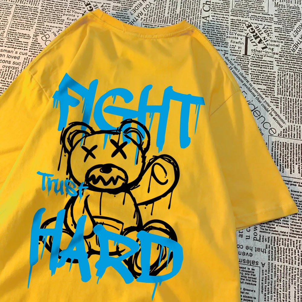 Fight Trust Hard Creative Letter Blue Bear T Shirt Men Fashion Breathable Shirts Breathable Summer Tee Clothes Oversize T-Shirt