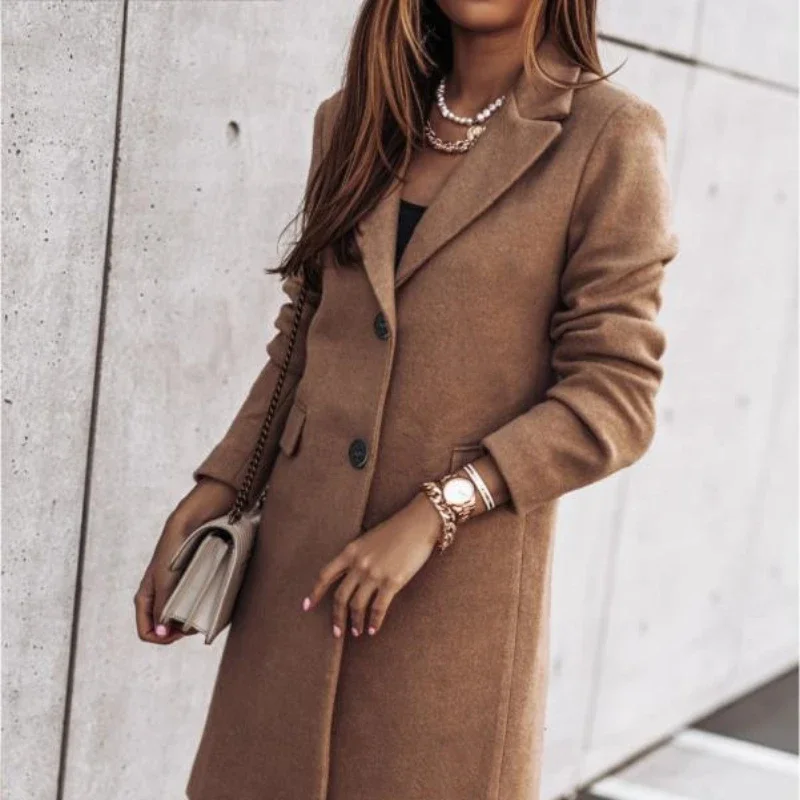 Two-button Slim Woolen Coat with Suit Collar, Women's Clothing 2022 Autumn and Winter Casual Long-sleeved Button Woolen Coat