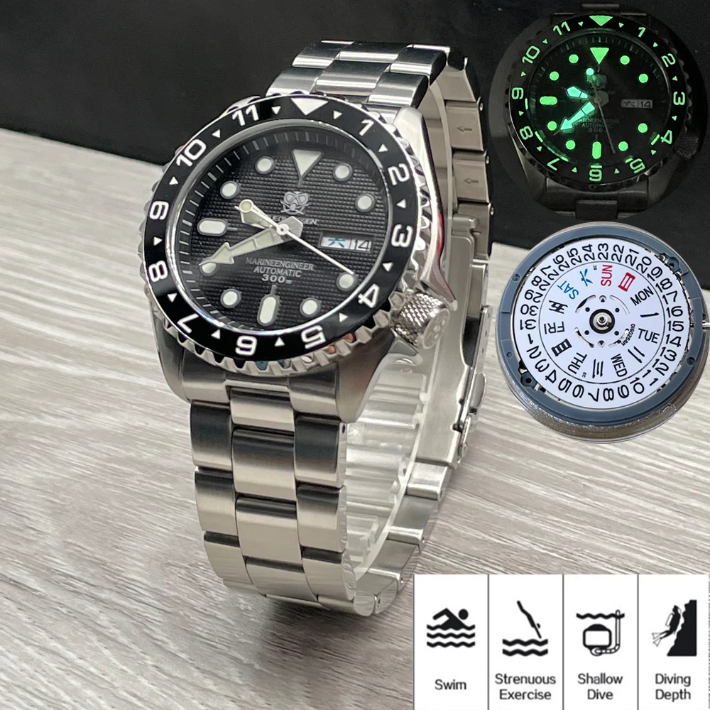 TUEDIX Luxury Black Diving Mechanical Men Watches Super Luminous Wrist