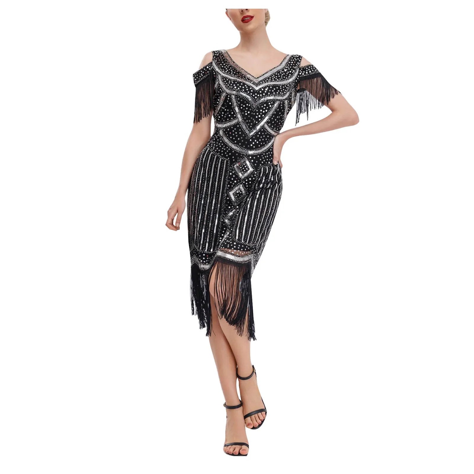 

Long Sleeve Lace Dress Womens 1920s Flapper Dress Vintage Long Fringe Dress Roaring 20s Sequins Beaded Dress Cut Out Dress Women