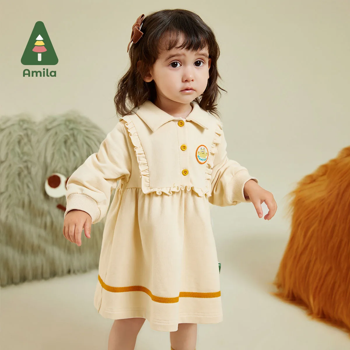 

Amila Children's Clothing 2023 New Autumn Cute Weaving Iabel Contrasting Ribbon Windproof And Warm Insulation Dress Girls Baby