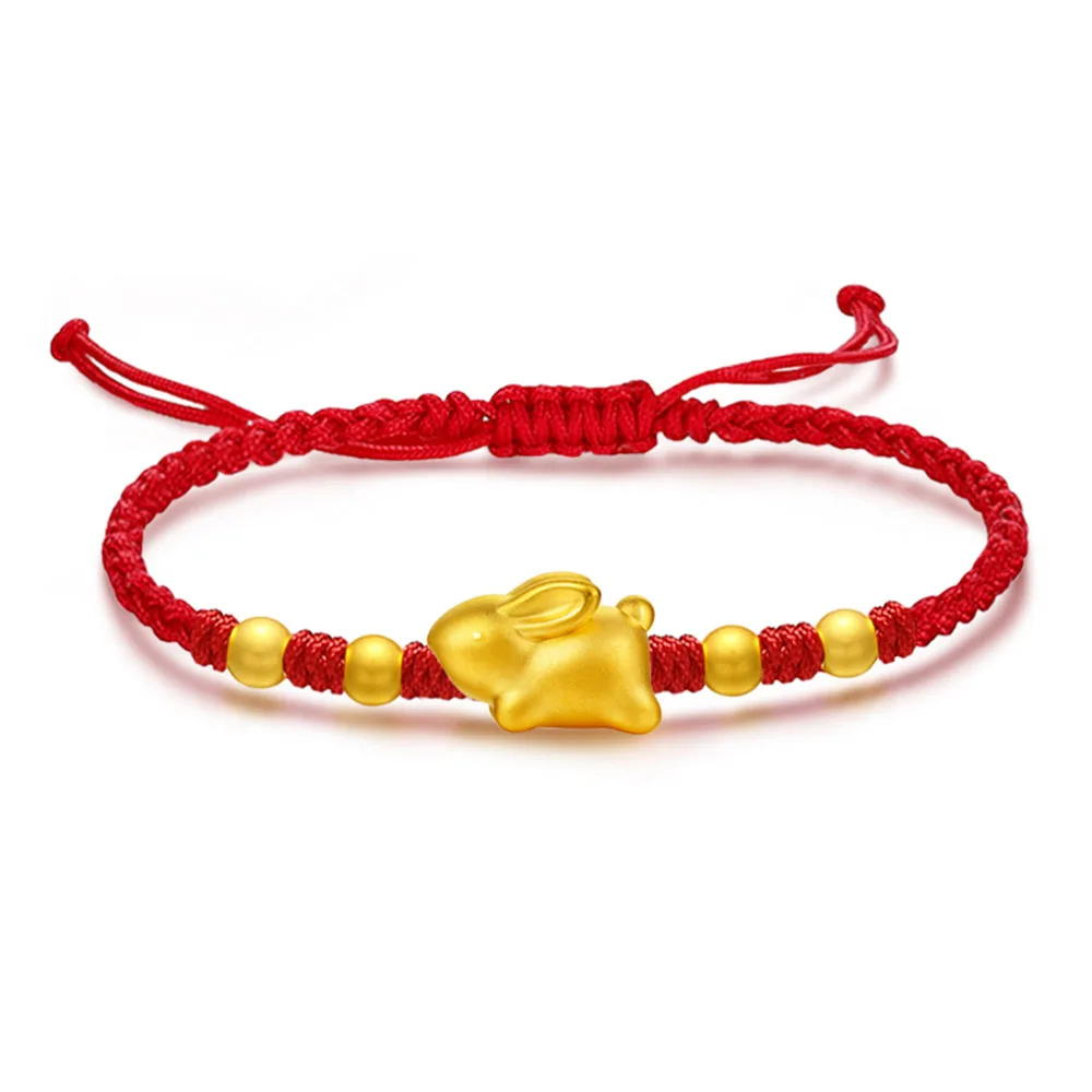 

Authentic 24K Yellow Gold 3D Lucky Rabbit with Bead Red Cord Knitted Bracelet