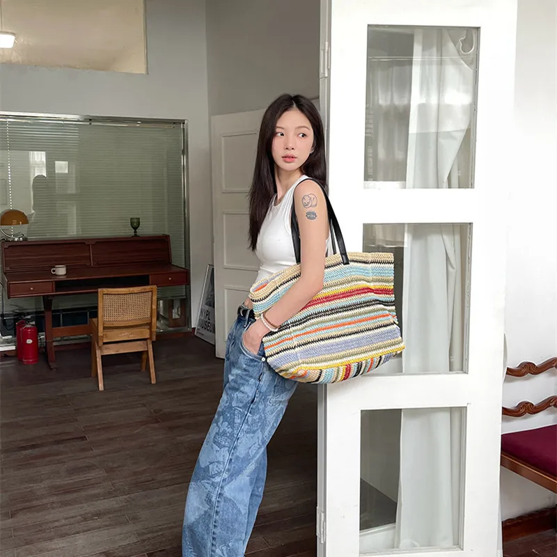 Elegant Ladies Straw Woven Handbag Women Holiday Beach Commute Casual Tote Top-Handle Bags Fashion Retro Shoulder Bags 2024