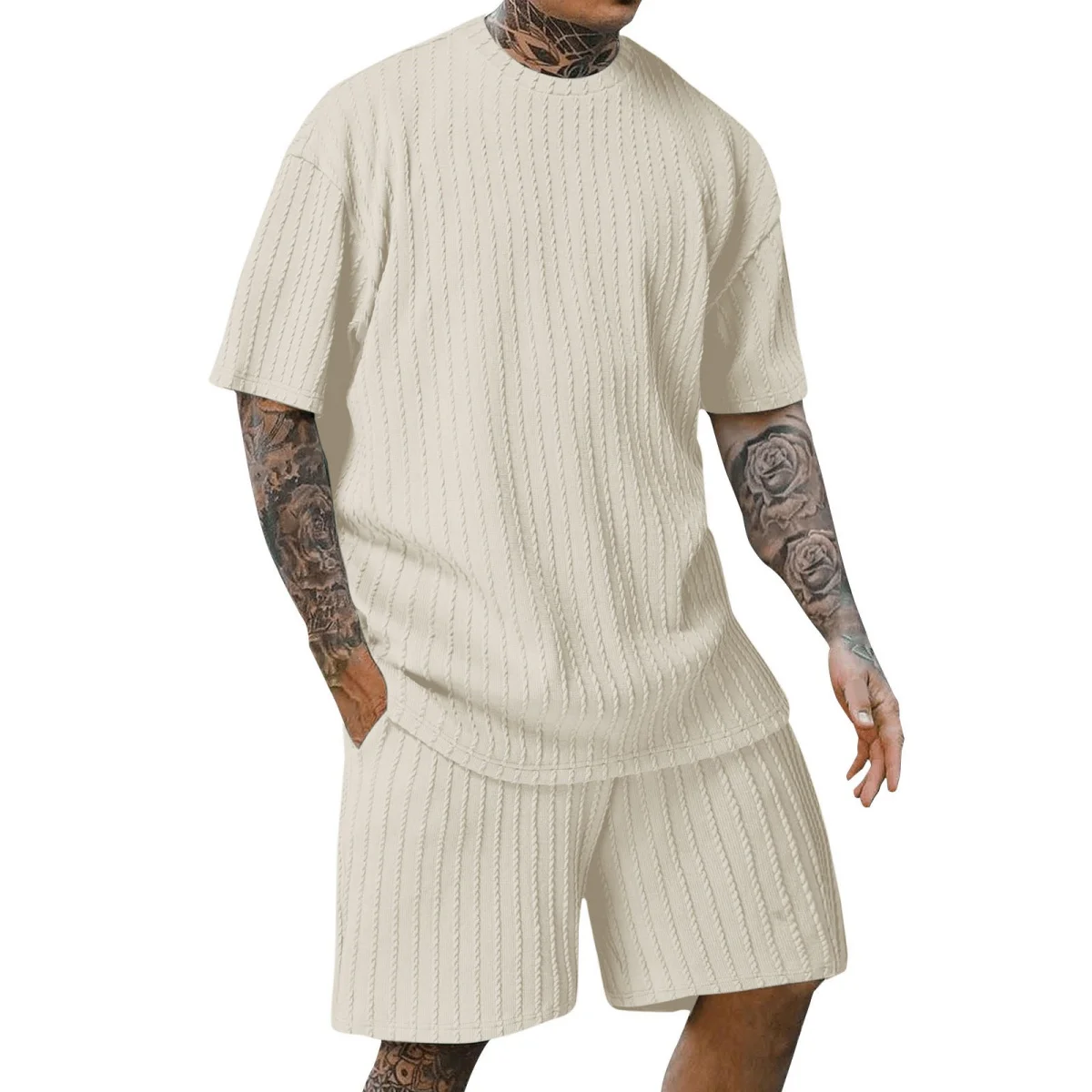 Men's new fashion summer sports solid color crew-neck vertical stripe T-shirt shorts short-sleeved suit 6