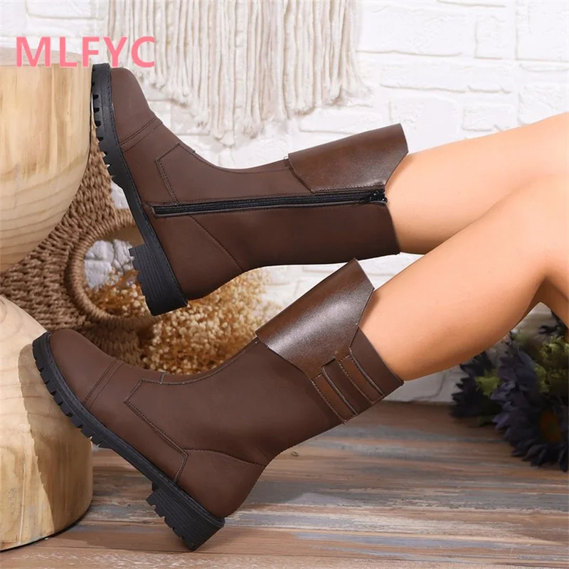 Female European and American Boots Women's 2023 Autumn New Medium Heel Large Fashion Boots Botas De Mujer Platform Heels