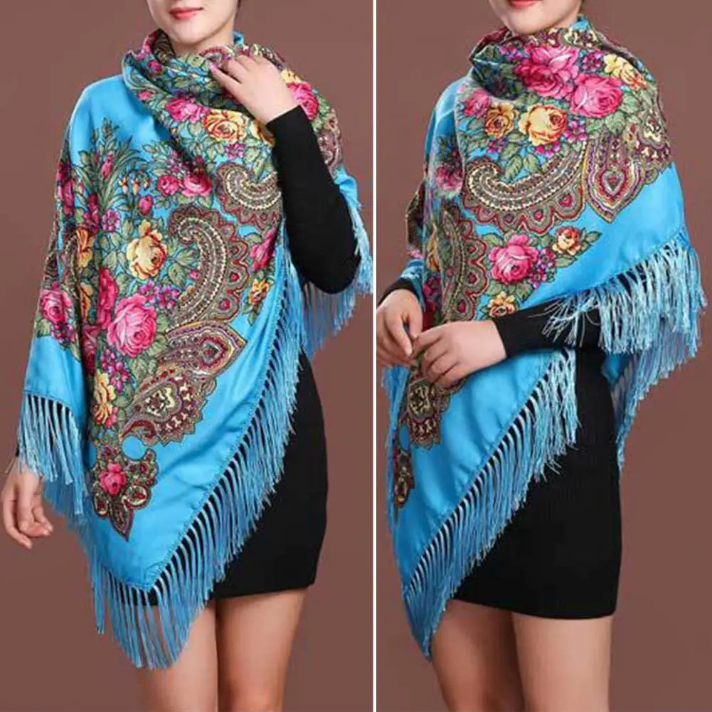 

Ethnic Style Shawl Scarf with Tassel Flower Print Autumn Winter Warm Square Fringed Head Wrap for Women