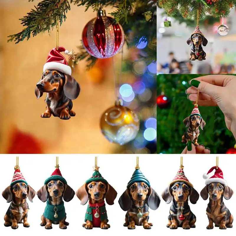 

Christmas Dog Hangings Acrylic Ornament 7pcs creative Pendants Flat 2D pattern Decorative Ornaments for Christmas Tree decor