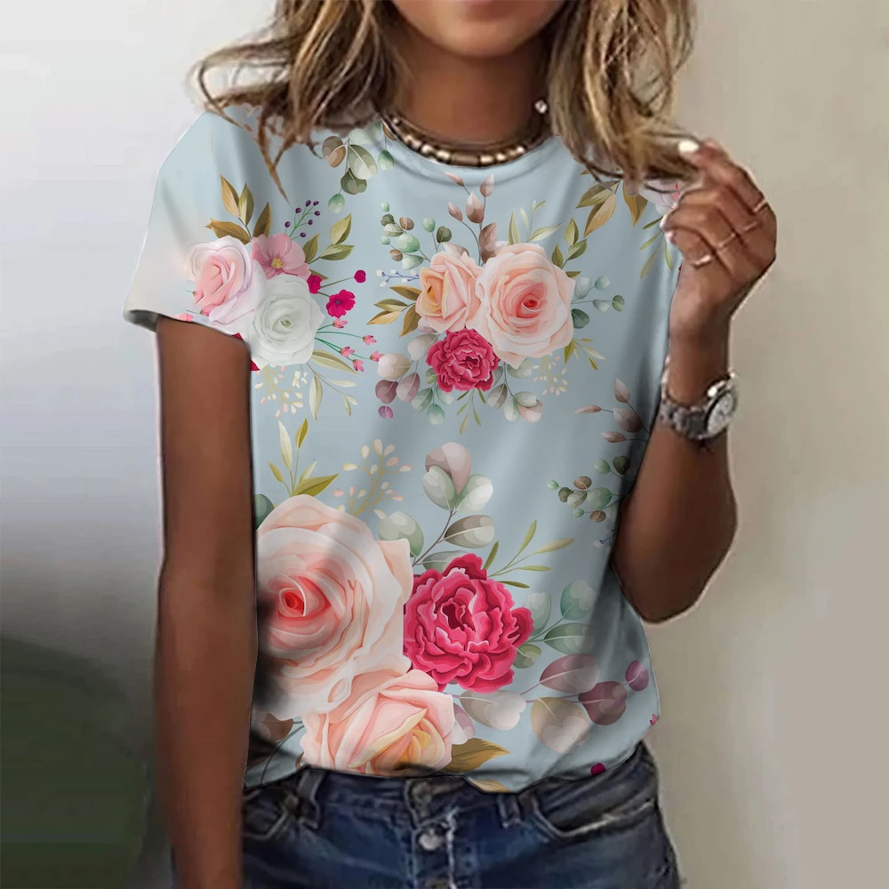 

Summer Women's T-shirt Fashion Short Sleeved Tops 3D Floral Prints O-Neck Casual T Shirt For Women's Y2k Clothes Plus Size Tees