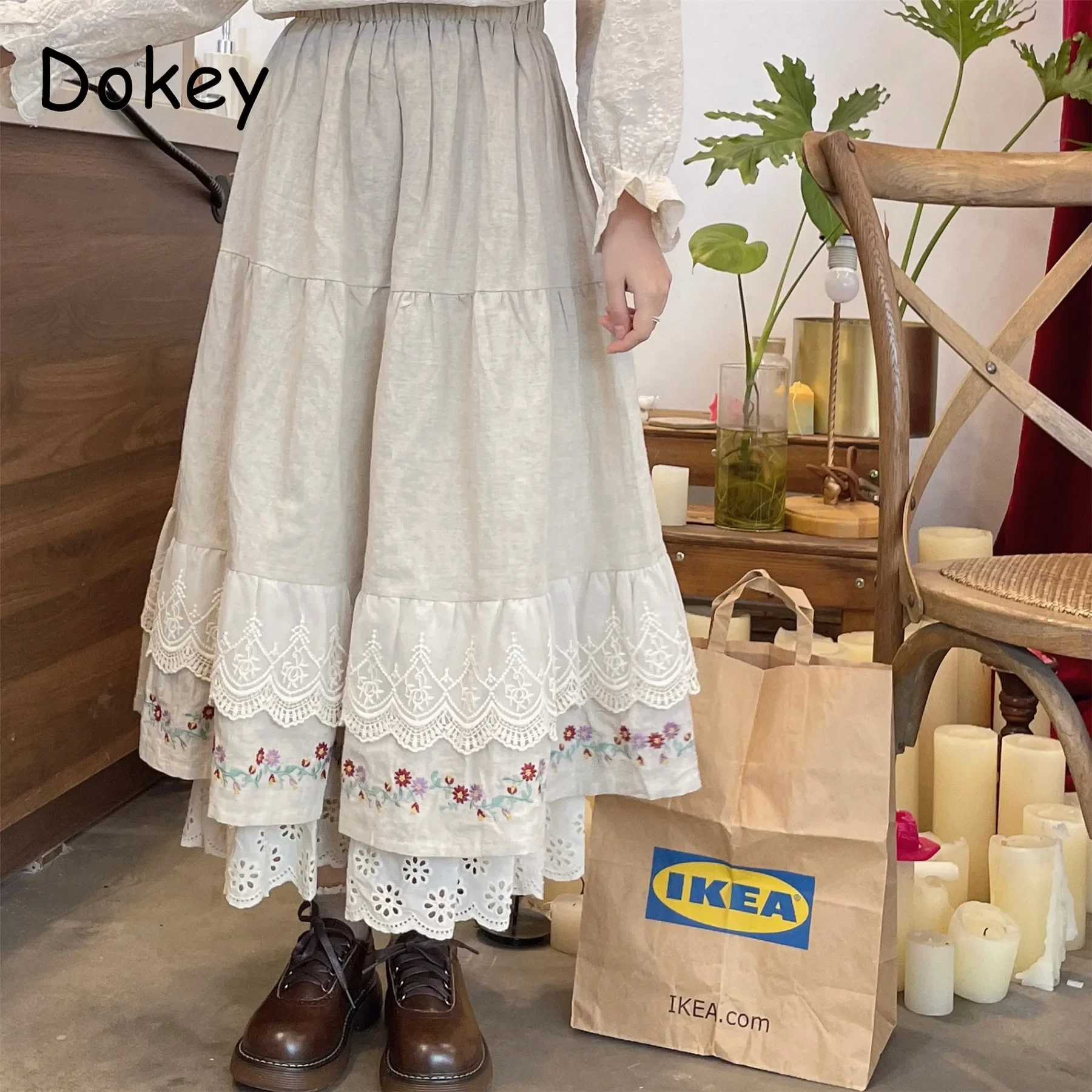 Japanese Lolita Style Cotton Linen Skirt Women Vintage Embroidery Lace Ruffled Kawaii Midi Pleated Skirt New Casual A-line Skirt