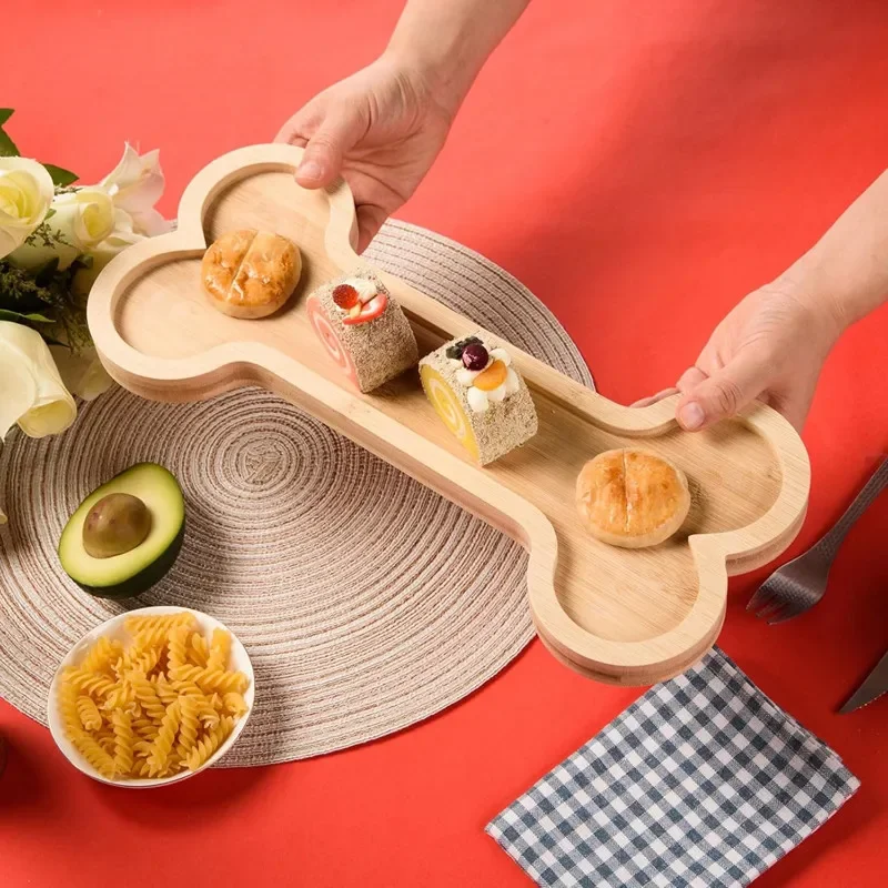 Bamboo Serving Trays with Grooves Wooden Dog Paw Bone Shaped Snack Platters Bamboo Charcuterie Board