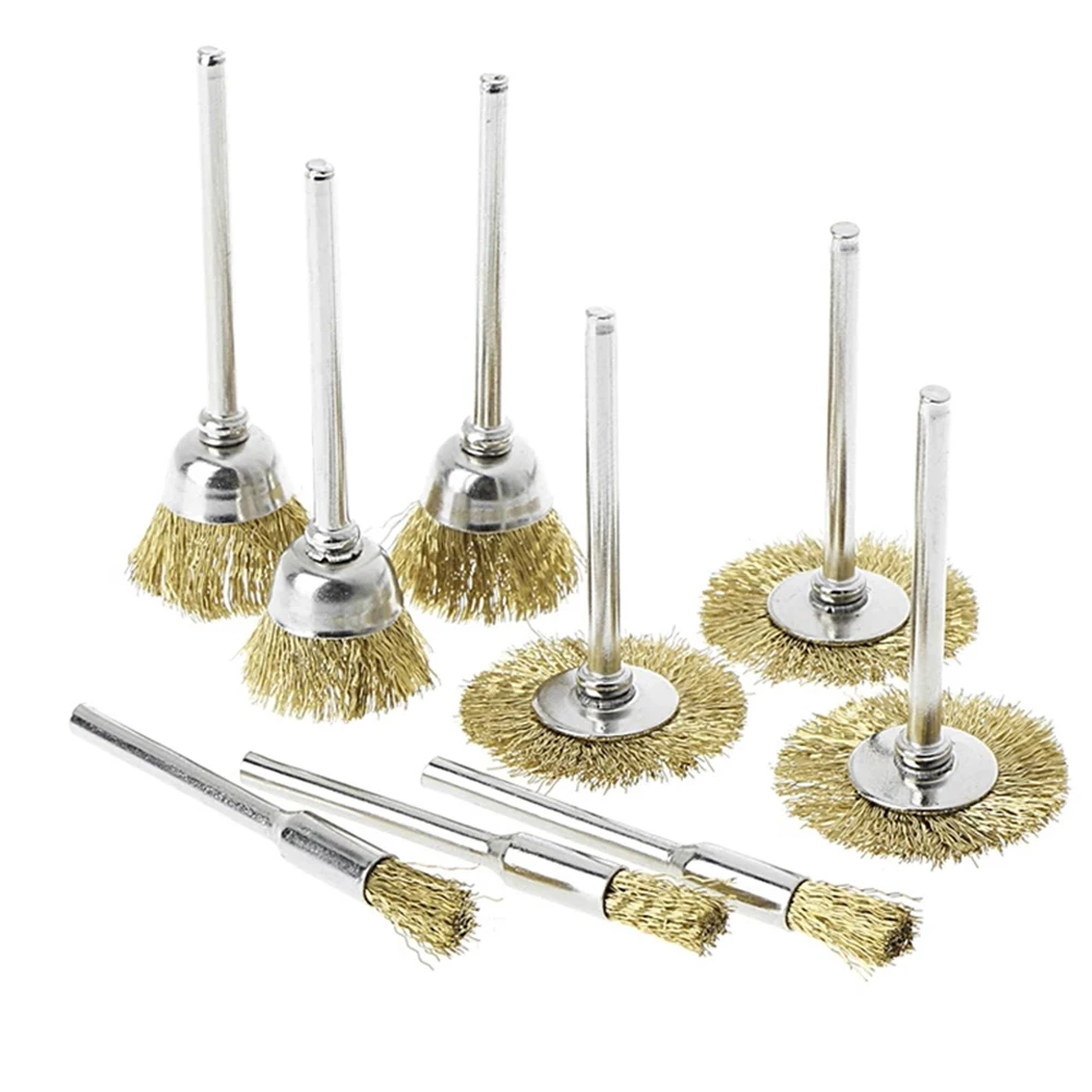 9pcs/set Brass Brush Bowl/Flat/Pen Type Wire Wheel Brushes For Removing Burrs Rust Dust Oxide Layer Power Tool Accessories