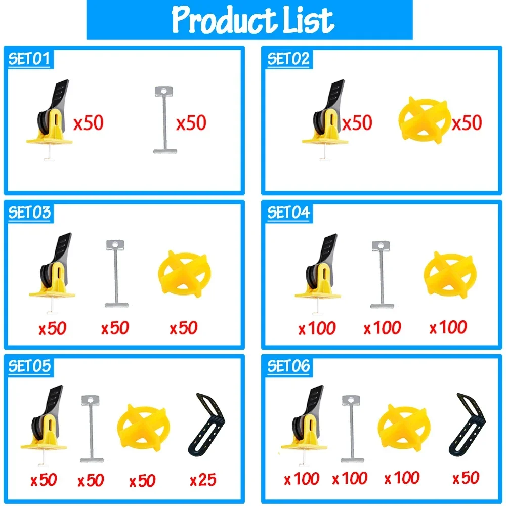 Tile Spacers Tile Leveling Clips Tile Leveling Tools Yellow Tile Leveling System Clips Floor Ceramic Porcelain Tile Levelers Spacers Set Kit for Laying Wall Construction Tools