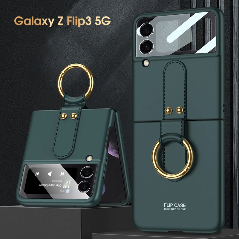 Case with Strap for Z Flip 3 Holder PC Case for Samsung Z Flip 3 Film Phone Cover All-in-one Solid Color Mobile Protective Shell samsung cute phone cover Cases For Samsung