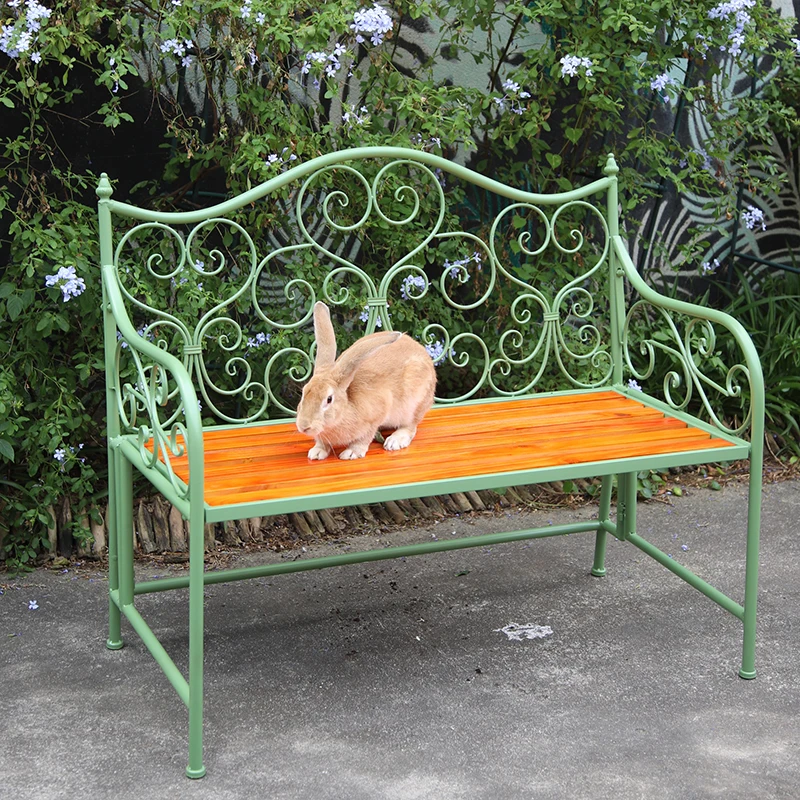 

Vintage iron art solid wood leisure chair outdoor bench balcony garden park chair double back home stay gardening