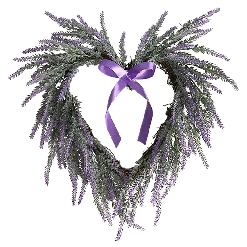 thumbnail image 1 of Corona de lavanda artificial en forma de corazón, decoración colgante para puerta de entrada de boda para Navidad y San Valentín, 1 of 4