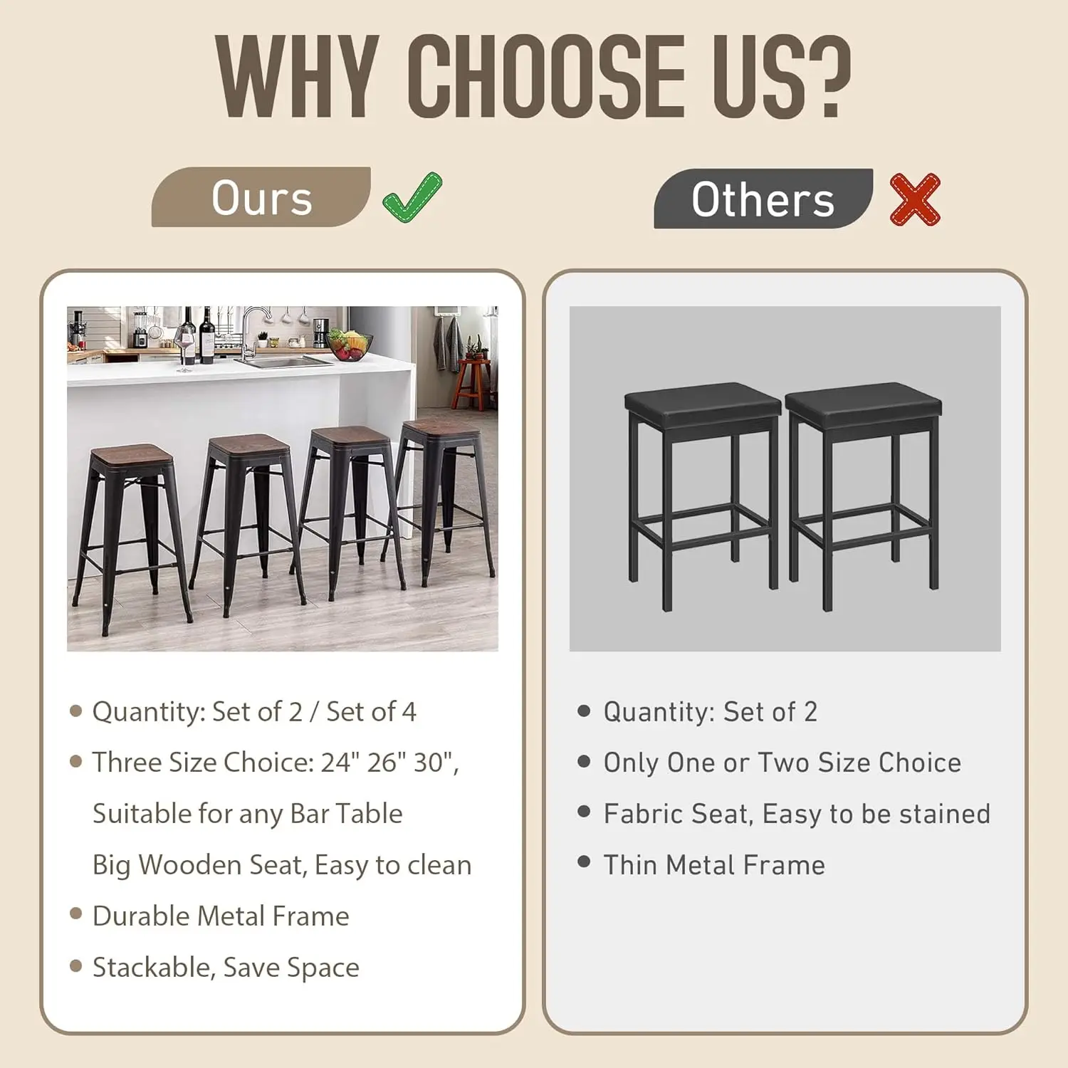 30" Metal Bar Stools Set of 4 Stackable Counter Height Barstools Backless Industrial Kitchen Bar Chairs with Wooden Seat-Matte