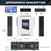 POWGROW 12KW 48V Onduleur hybride hors réseau à onde sinusoïdale pure, double MPPT, entrée PV 60-450V, charge 160A, surtension 15000W, commutation 24KW 10ms, fonctionne sans batterie, UE 2