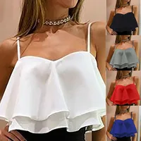 Sexy Sleeveless Pleated Ruffle Crop Tanks For Women Trendy Double Layer Chiffon Blouse T-shirt Crop Tanks For Women Plus Size