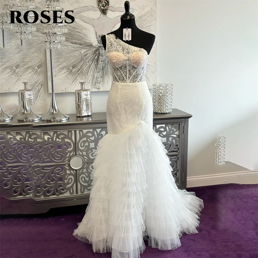 

ROSES White Mermaid Prom Dress Tiered Layer Celebrity Dress One Shoulder Women's Evening Dress Appliques Net Formal Gown 프롬 드레스