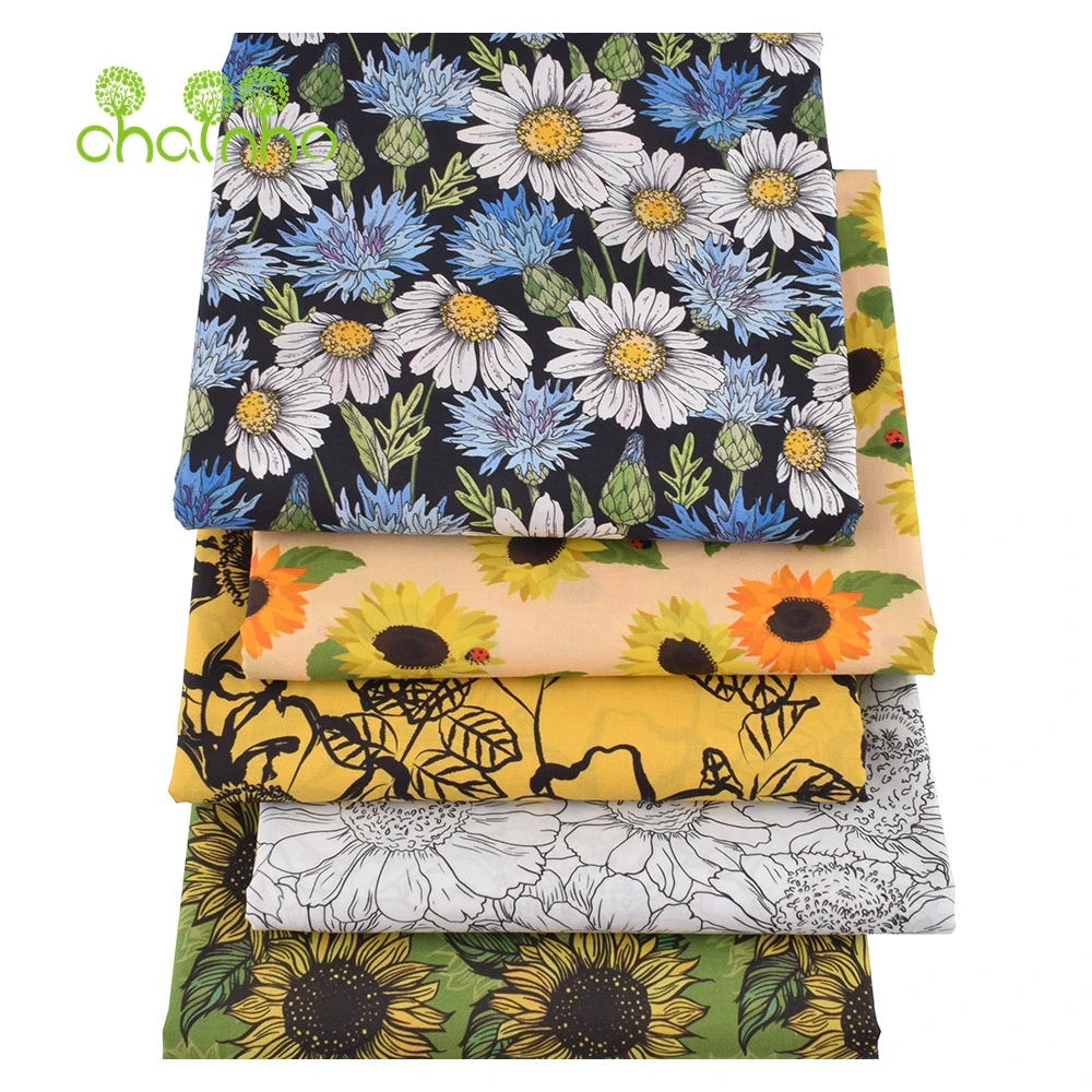 Chainho,Printed Plain Weave Poplin Cotton Fabric,DIY Quilting Sewing Material,Patchwork Cloth,Floral Series,2 Sizes,N15PC219