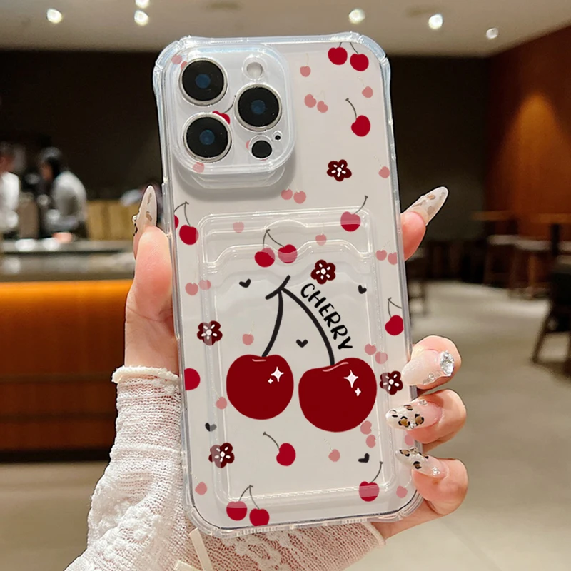 Red Cherry Pattern Shockproof Soft Silicone Phone Cover with Card Slot Pocket