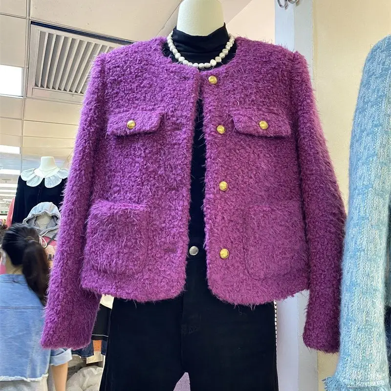 Beautiful Purple O Neck Button Short Knit Coat Fall QC040 main image 1