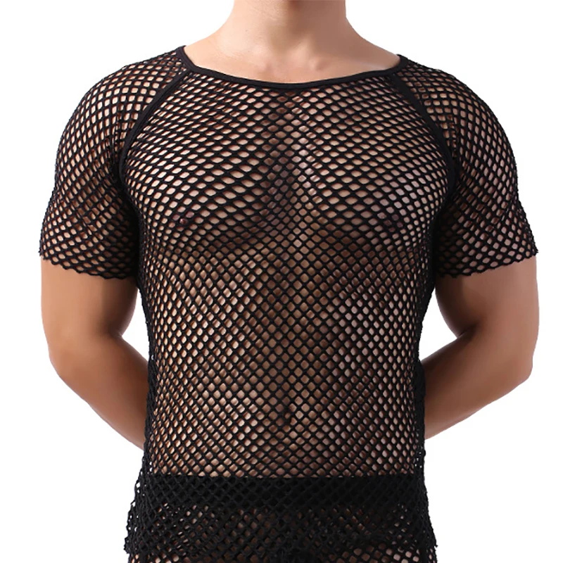 

Men Undershirts Shorts Sleeve Hollow Out T-shirts Sexy Mesh Fishnet Shirts Sheer Slip Sleepwear Sports Causal Loose Top Camiseta