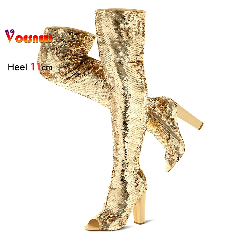 Gold Sequin Women Boots Colorful Pointed Toe Square Heels Woman Fashion Bling Leather  Peep Toe Shoes 11CM Over The Knee Boots