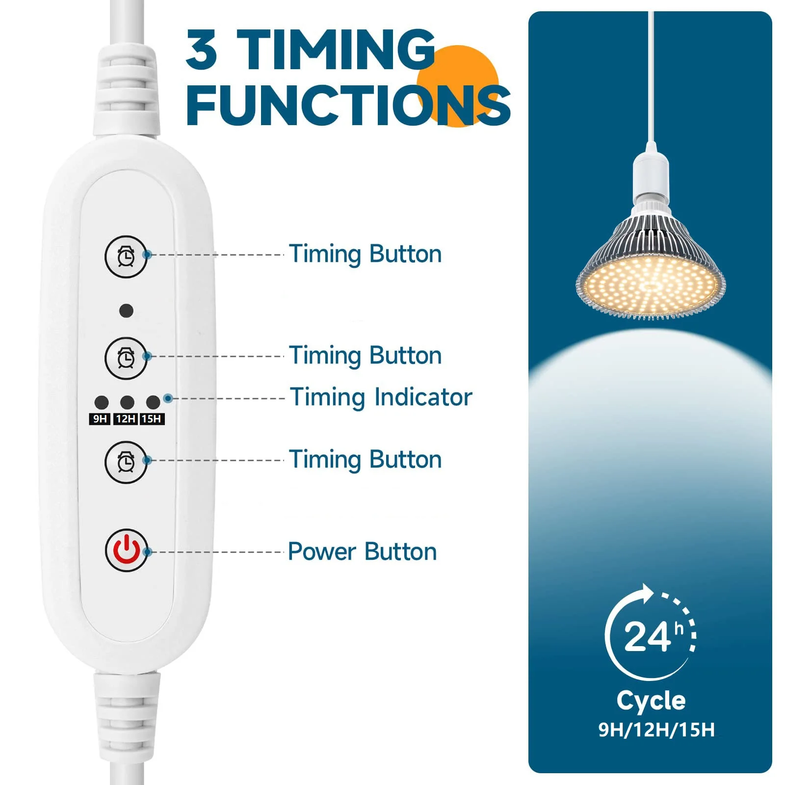 Description Picture 3 of itemLED Grow Light Bulb with Timing and Hanging System,25W Full Spectrum, 9H/12H/15H Timer, Hanging Grow Lights with 5m Power Cord