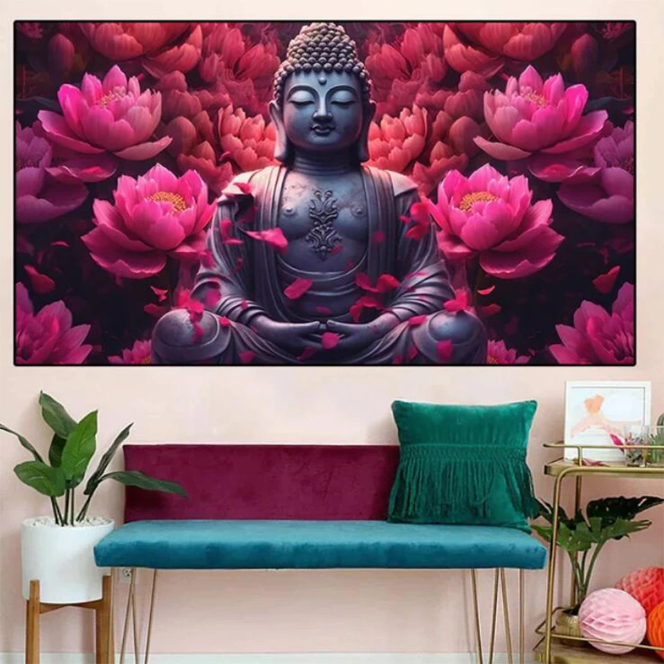 

Buddha Statue with Lotus Flower Diamod Painting Buddhism Full Square round Diamond Mosaic Religious For Living Room Decor Gift