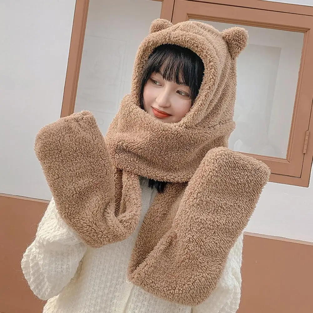 

Large Head Size Hat Fleece Neck Warmer Hat Fashionable Women's Winter Plush Hat Set Cute Bear Ear Shape 3-in-1 Scarf Gloves Neck