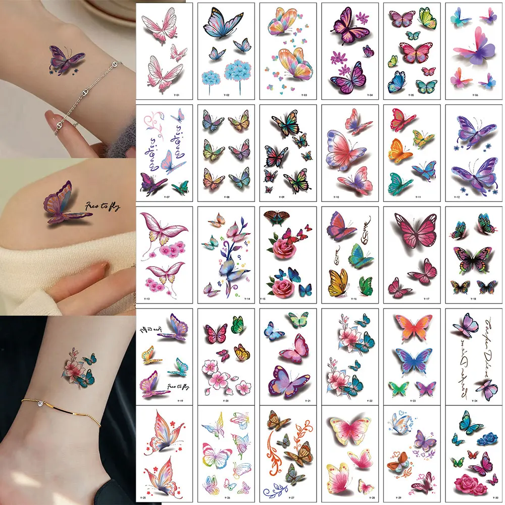 Tattoo Sticker 30 Sheets Colorful Butterfly Temporary Tattoo Stickers Black Cartoon for Arm Body
