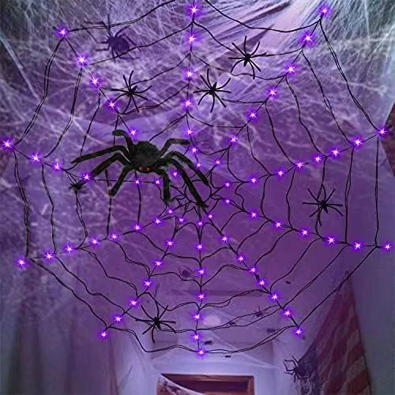 Halloween Spider Web Lights Spider Net LED String Lights with 8 Lamp Mode  for Halloween Home Window Wall Decor Haunted House