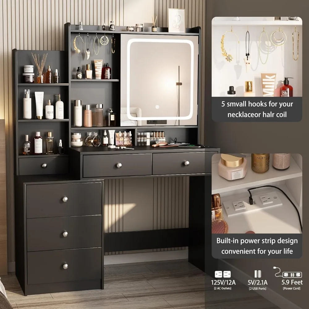 Vanity Desk with Mirror and Lights,Makeup Vanity with 6 Drawers and Shelves,Vanity Table Power Outlet,Makeup Desk
