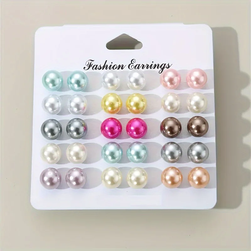 Elegant Colored Imitation Pearl Stud Earrings Korean Charm Ball Bead Earrings Women's High-end Banquet Jewelry Gifts 15 Pairs