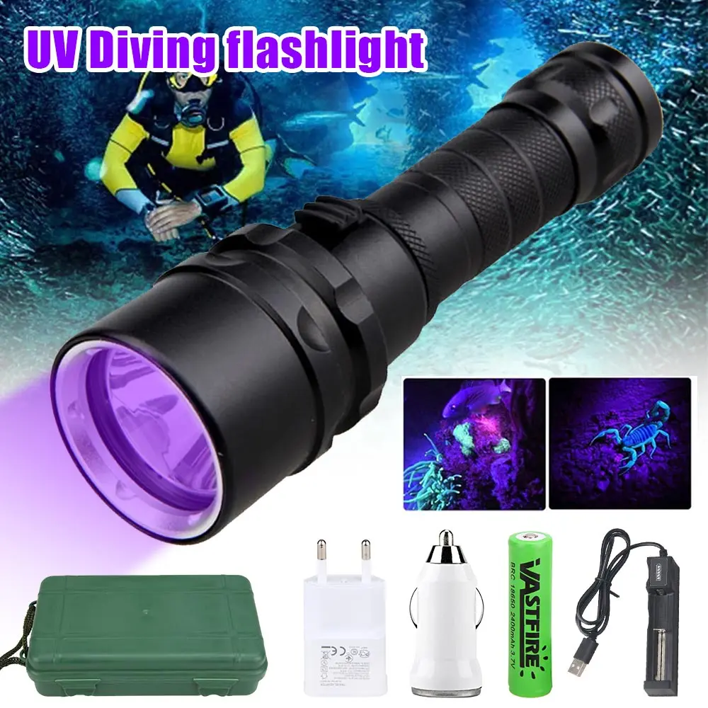 

395nm UV Diving LED Dive Flashlight Ultraviolet Lantern Scuba Purple Light Underwater 100M Dive Aluminum Torch 100% Waterproof