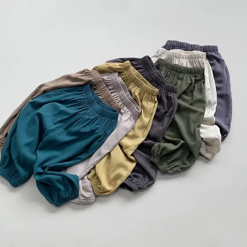 

2024 Summer New Children Loose Trousers Boys Casual Pants Solid Girls Mosquito Proof Pants Cotton Breathable Baby Harem Pants