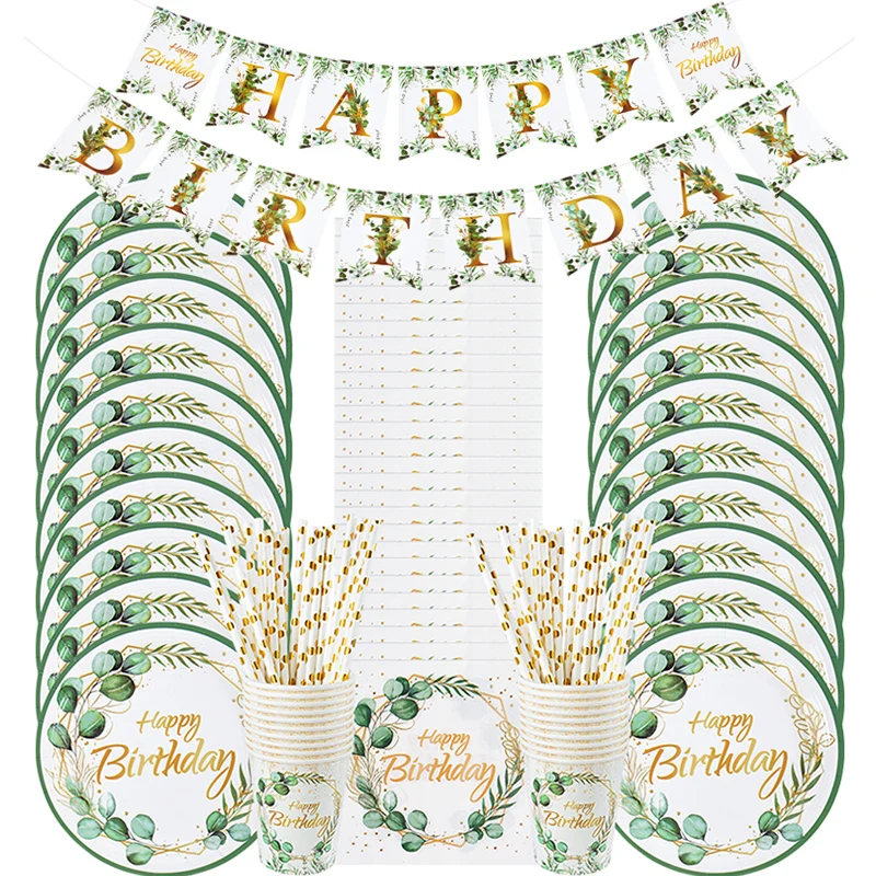 Grünes Eukalyptusblatt Einweggeschirr Pappteller Tasse Serviettenbanner Kinder Erwachsene Alles Gute zum Geburtstag Geburtstag Party Dekoration Zubehör