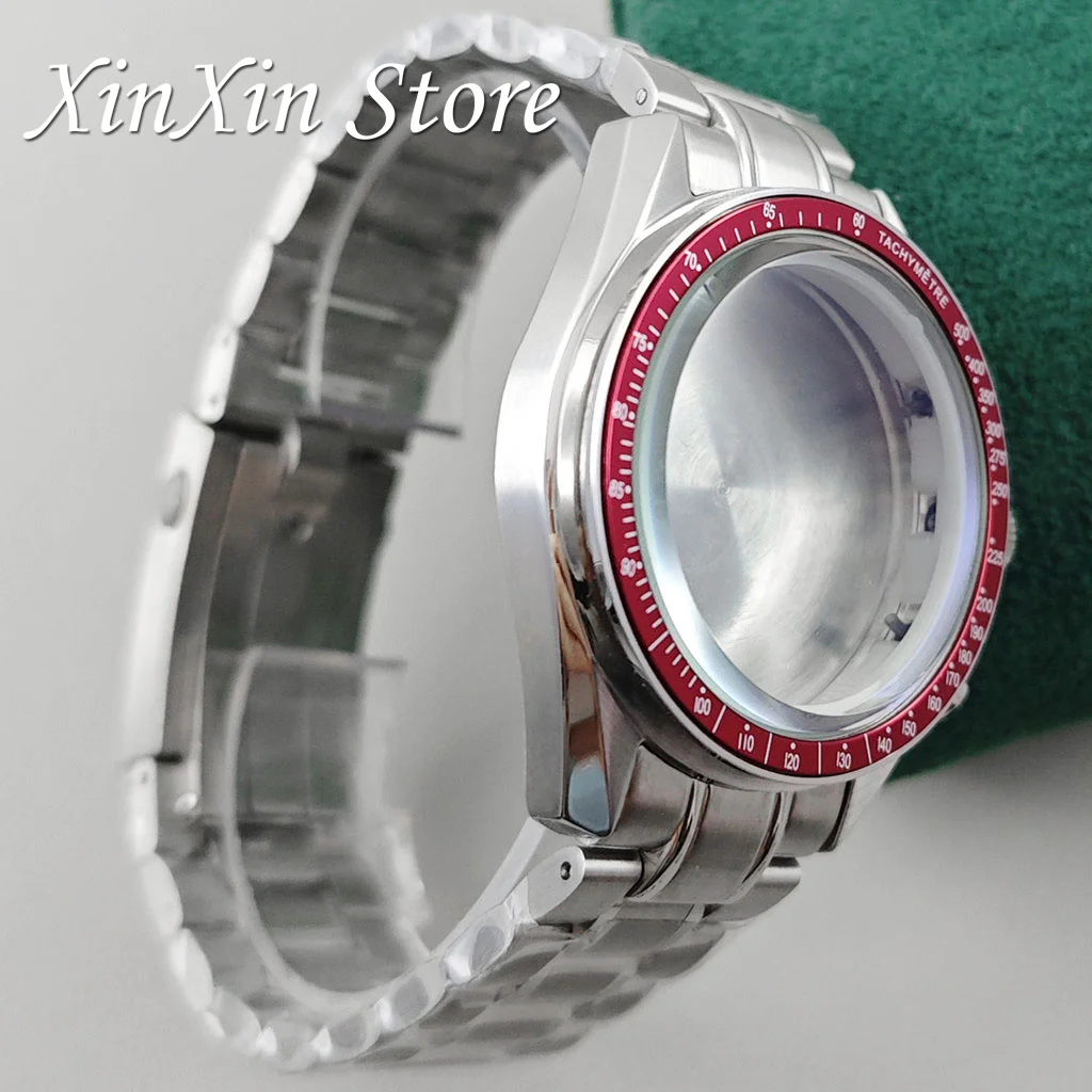 Elegant 39.7mm Red Bezel Speedmaster Watch Case with Quartz Movement Compatibility for 20mm Steel Band and 32.5mm Dial