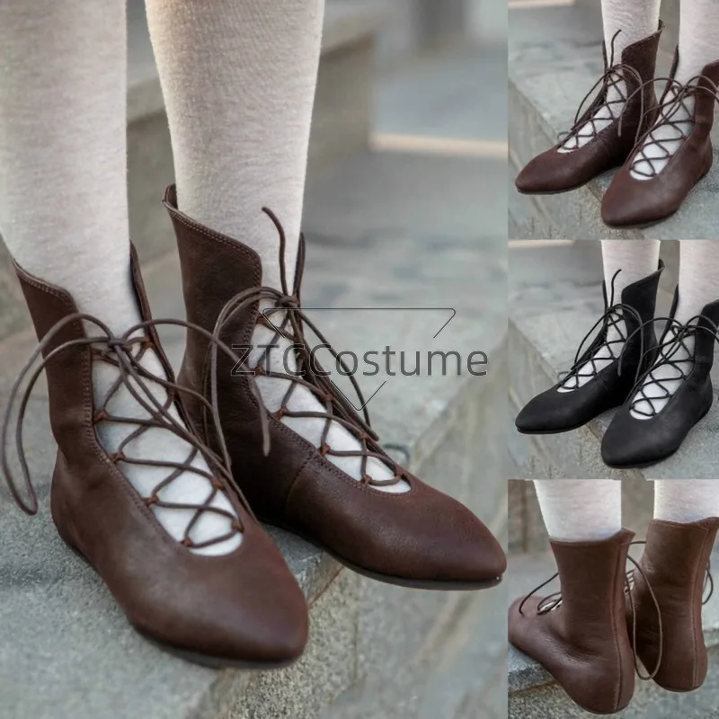 

Medieval Steampunk Vintage Lolita Pirate Shoes Leather Boots Cross Lace Up Elf Hunter Queen Halloween Cosplay For Women Men