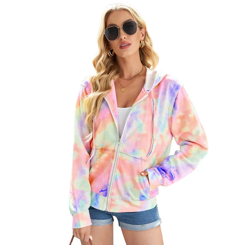 Street trendy women's clothing 2023 Autumn New Hooded Zipper Top Cardigan Tie Dyed Long Sleeve Women coat Three colors available