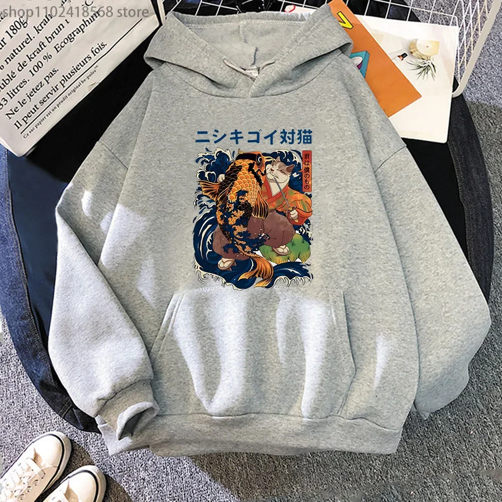 Cat Eat Fish Print Hoodies Kawaii Cartoon Graphic Sweatshirt Hip Hop Street Streetwear Men's Clothes Long Sleeve Pullover Women