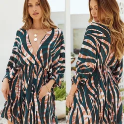 Vestido de manga larga con cuello en V, estampado a rayas de Color, novedad de otoño, 2021