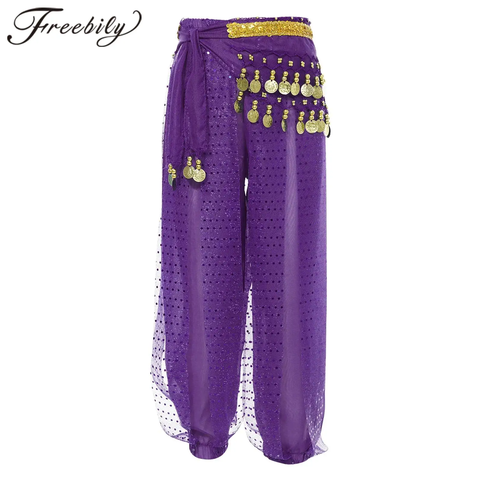 

Kids Girls Belly Dance Costume Elastic Waistband Bloomers Tassels Chain Hip Scarf Performance Pants Sequined Chiffon Trousers