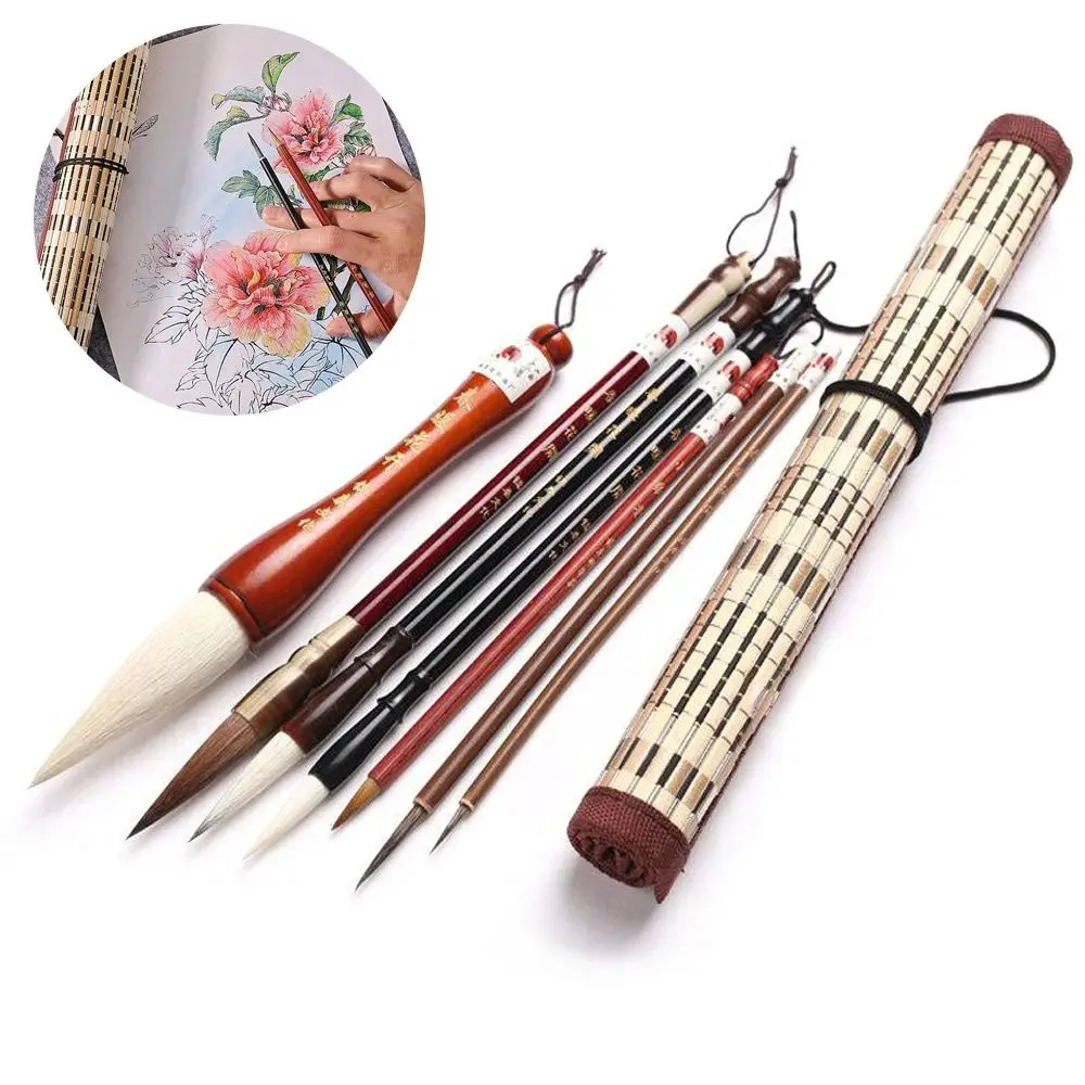 

Chinese Calligraphy Brush Set Kanji Painting Drawing Art Supplies Watercolor Brushes Wood Roll-up Bamboo Brush Holder